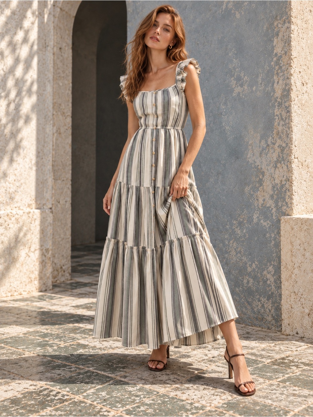 Blu Pepper NWT Grey Multi Striped Tiered Ruffle Strap Maxi Dress, Size S